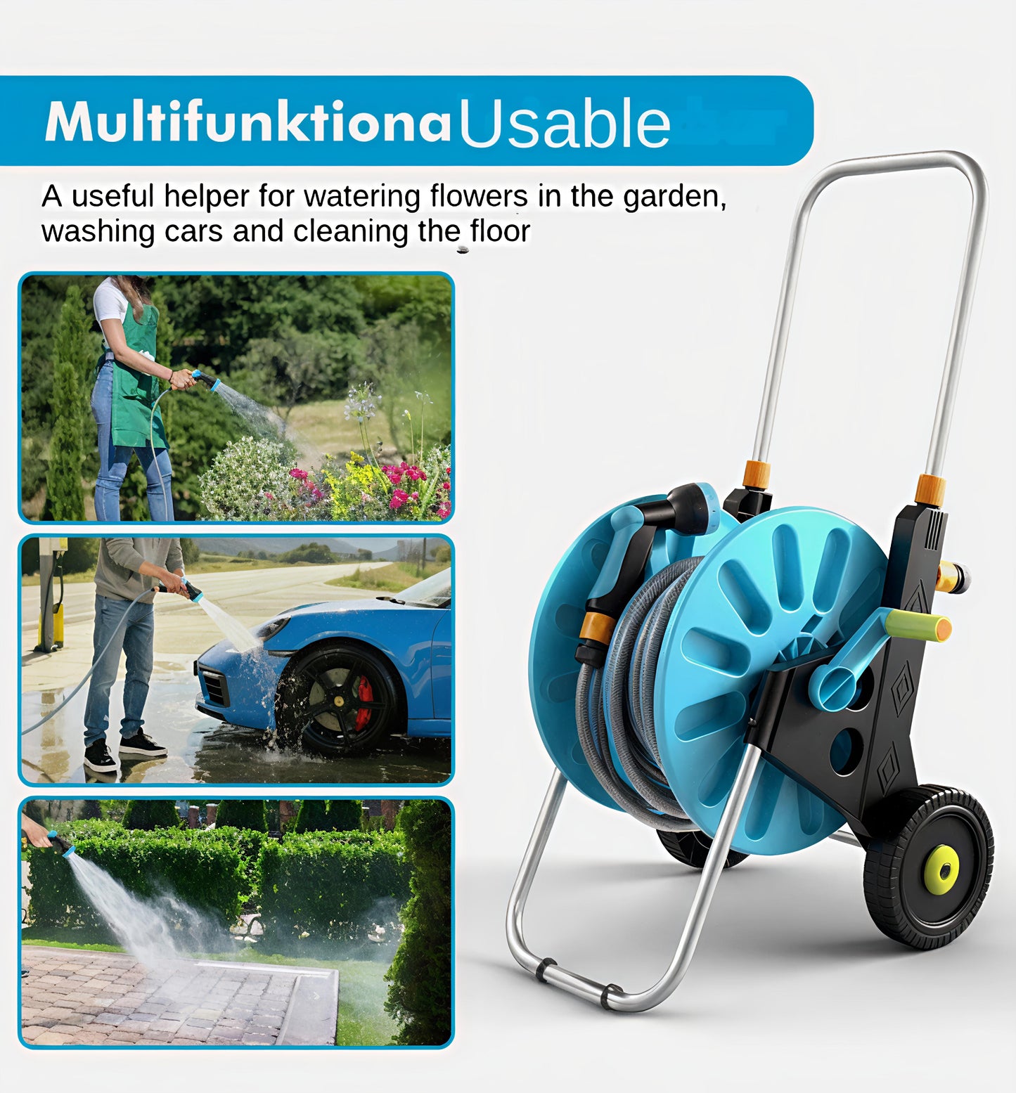 بكرة خرطوم (عربة متنقلة) بخرطوم (30متر) ومسدس متعدد الاشكال